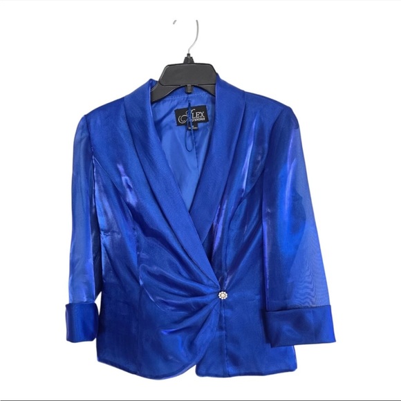 Alex Evenings Satin Jacket Woman Small Blue Collared 3/4 Sleeve Exellent - Picture 1 of 13